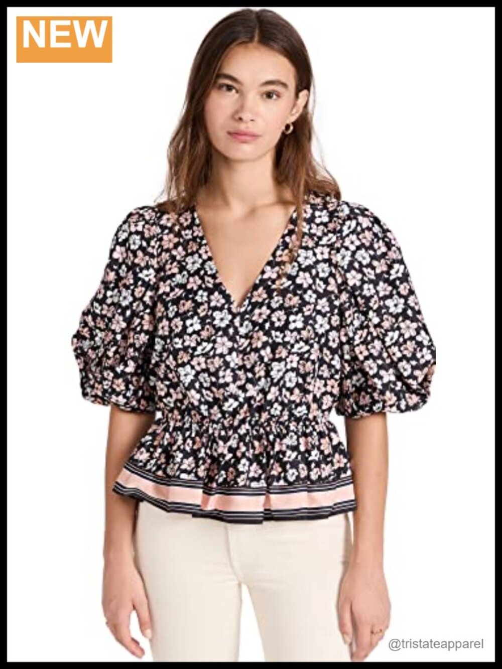 Club Monaco Waisted Balloon Sleeve Blouse V-Neck Ruffled Top